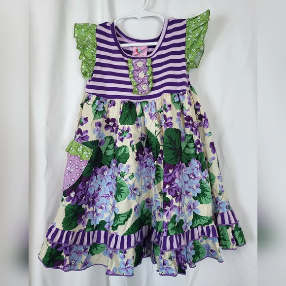 Gurlybird Purple Green Beige Floral‎ Striped Ruffle Cotton Dress Set Size 2T - Picture 2 of 10